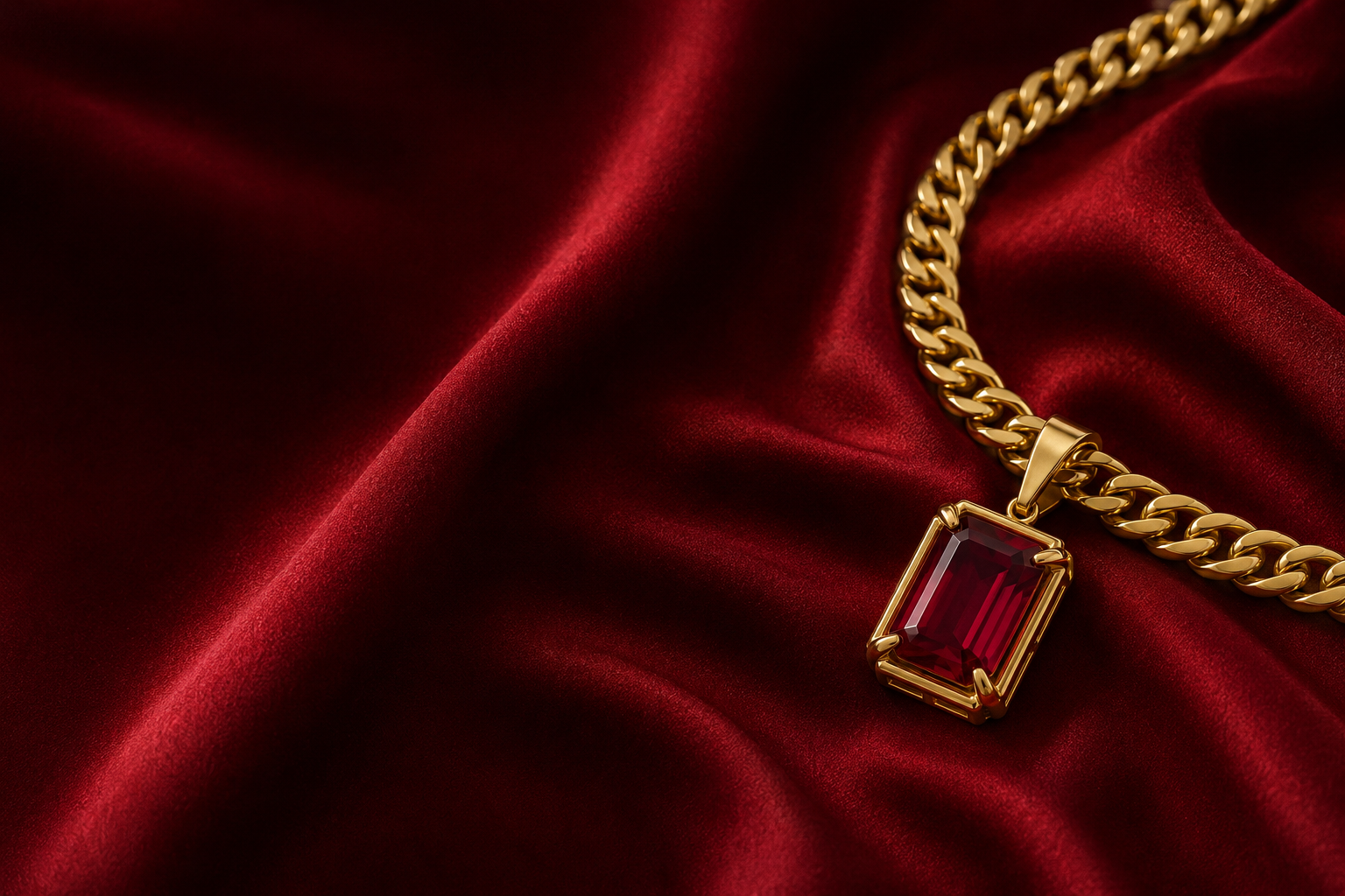 Gold necklace with a ruby pendant on crimson silk